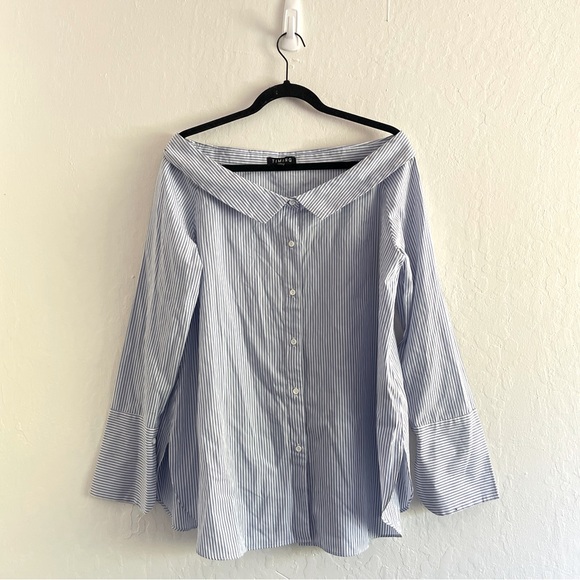 Y2K Timing Blue White Stripe Button Up Wide Neck Collared Womens Size Large - Picture 1 of 9
